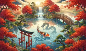 illustration bassin japonais et carpe koi